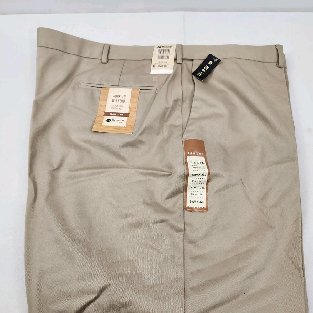 NWT Haggar Pants Men's 50 X 32 Work to Weekend Classic Fit Flat Front Khaki